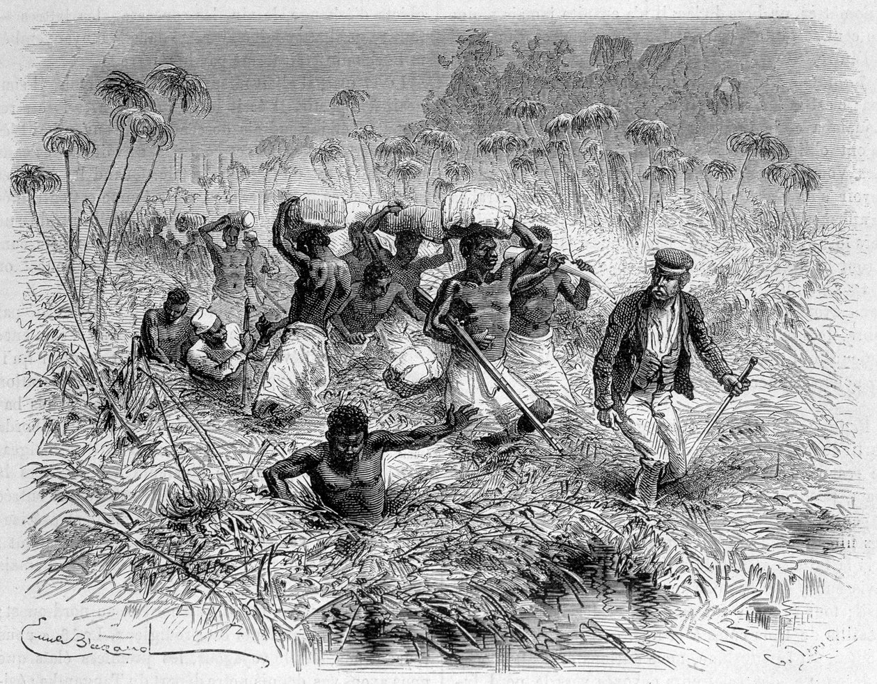 लिविंगस्टोन और उसके कुलियों द्वारा चिसेरा का मार्ग - "" लिविंगस्टोन की अंतिम यात्रा 1866-1873""" राउंड द वर्ल्ड "", दूसरा सेम। १८७५ द्वारा अज्ञात कलाकार