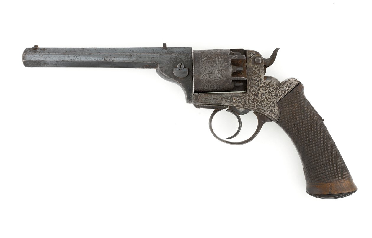 टक्कर साइड-हैमर रिवॉल्वर, संभवतः .38 इंच कैलिबर, c.1860s (रिवॉल्वर, पर्क्यूशन, साइड हैमर) द्वारा अज्ञात कलाकार