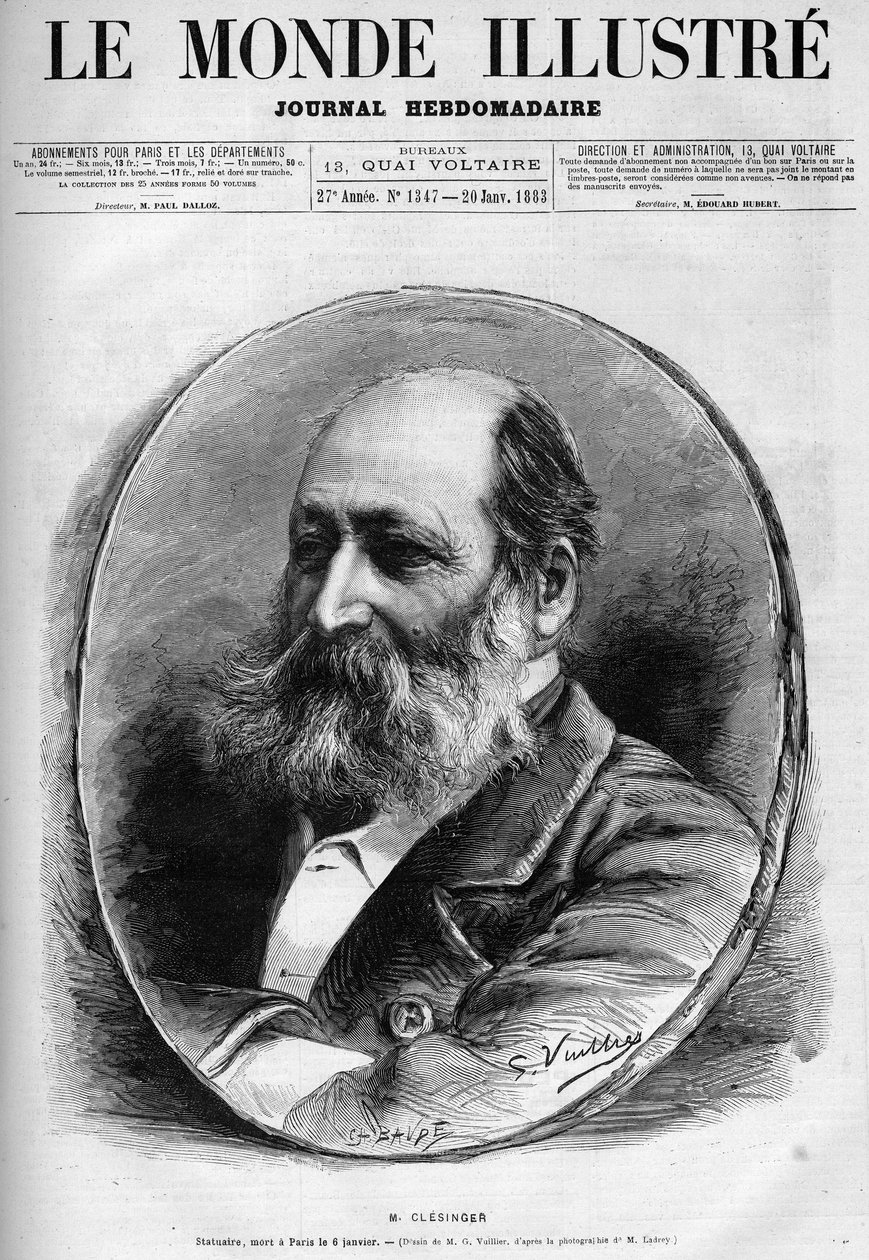 अगस्टे क्लेसिंगर का पोर्ट्रेट (1814-1883), फ्रांसीसी मूर्तिकार और चित्रकार। "" ले मोंडे शानदार "" 1883 में उत्कीर्णन। निजी संग्रह। द्वारा अज्ञात कलाकार