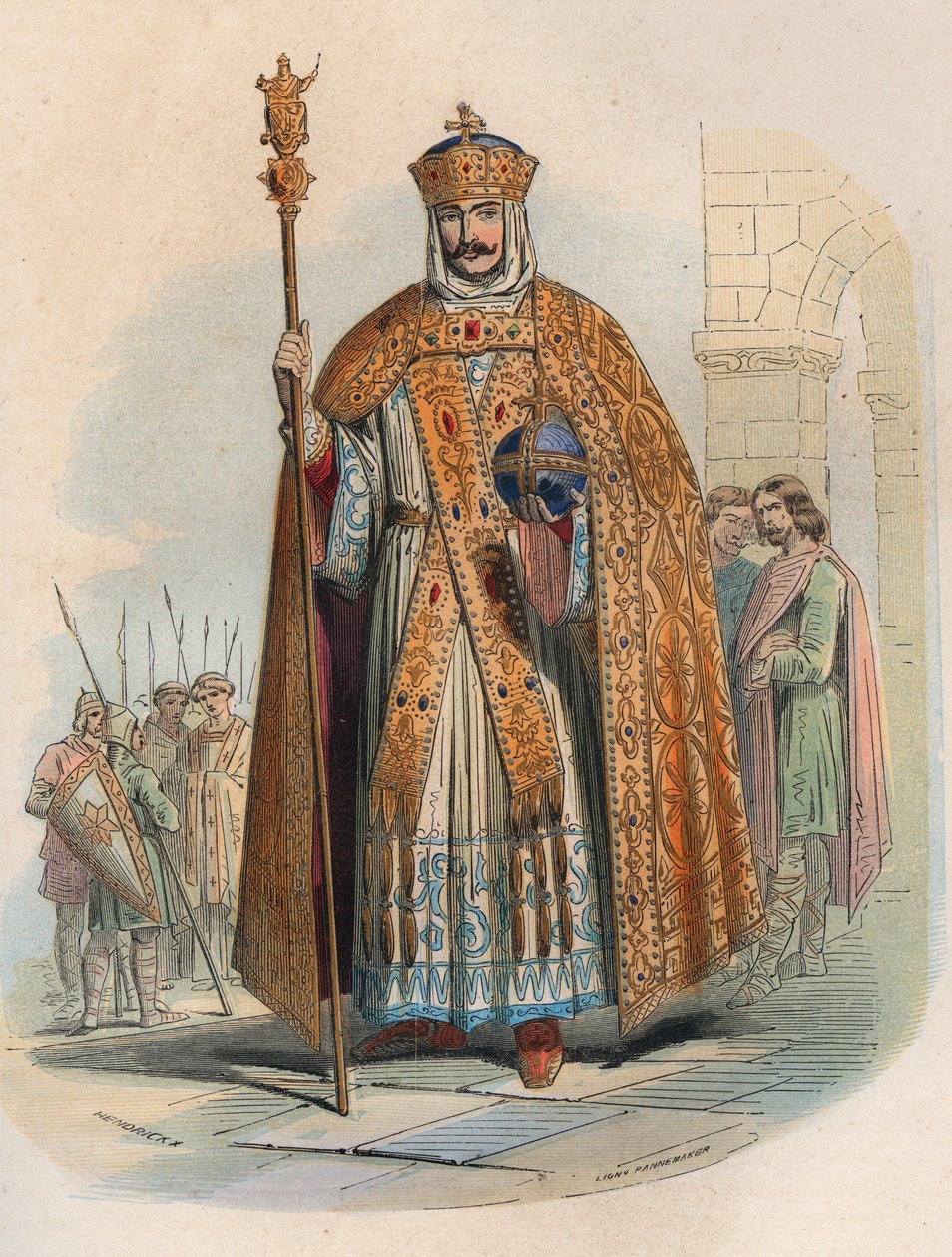 शारलेमेन का पोर्ट्रेट (742-814), फ्रांस के राजा। थियोडोर जस्टे (1818-1888) द्वारा 1868 से "हिस्टोइरे डी बेल्जिक से प्राचीन काल से लियोपोल्ड I के शासन के अंत तक" उत्कीर्णन निजि संग्रह। द्वारा अज्ञात कलाकार