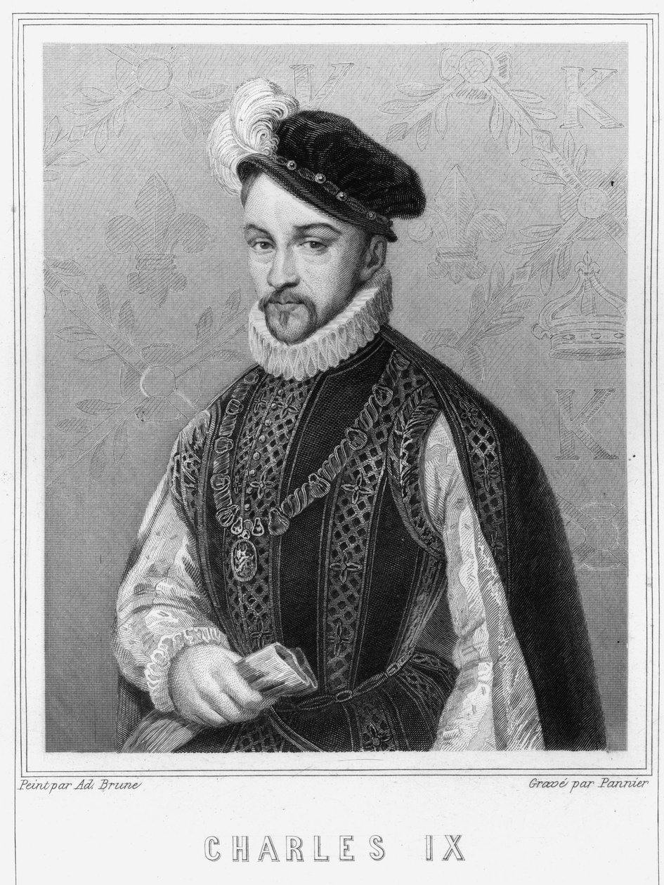 चार्ल्स IX (1550 - 1574) का चित्र, फ्रांस के राजा - "हिस्टोइरे डेस फ़्रैंकैस" में "लवल्ली द्वारा, उत्कीर्णन, एन डी। द्वारा अज्ञात कलाकार