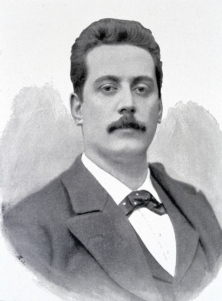 गियाकोमो पुक्किनी का पोर्ट्रेट, इतालवी संगीतकार (1858-1924), 19वीं शताब्दी को उकेरा गया। द्वारा अज्ञात कलाकार