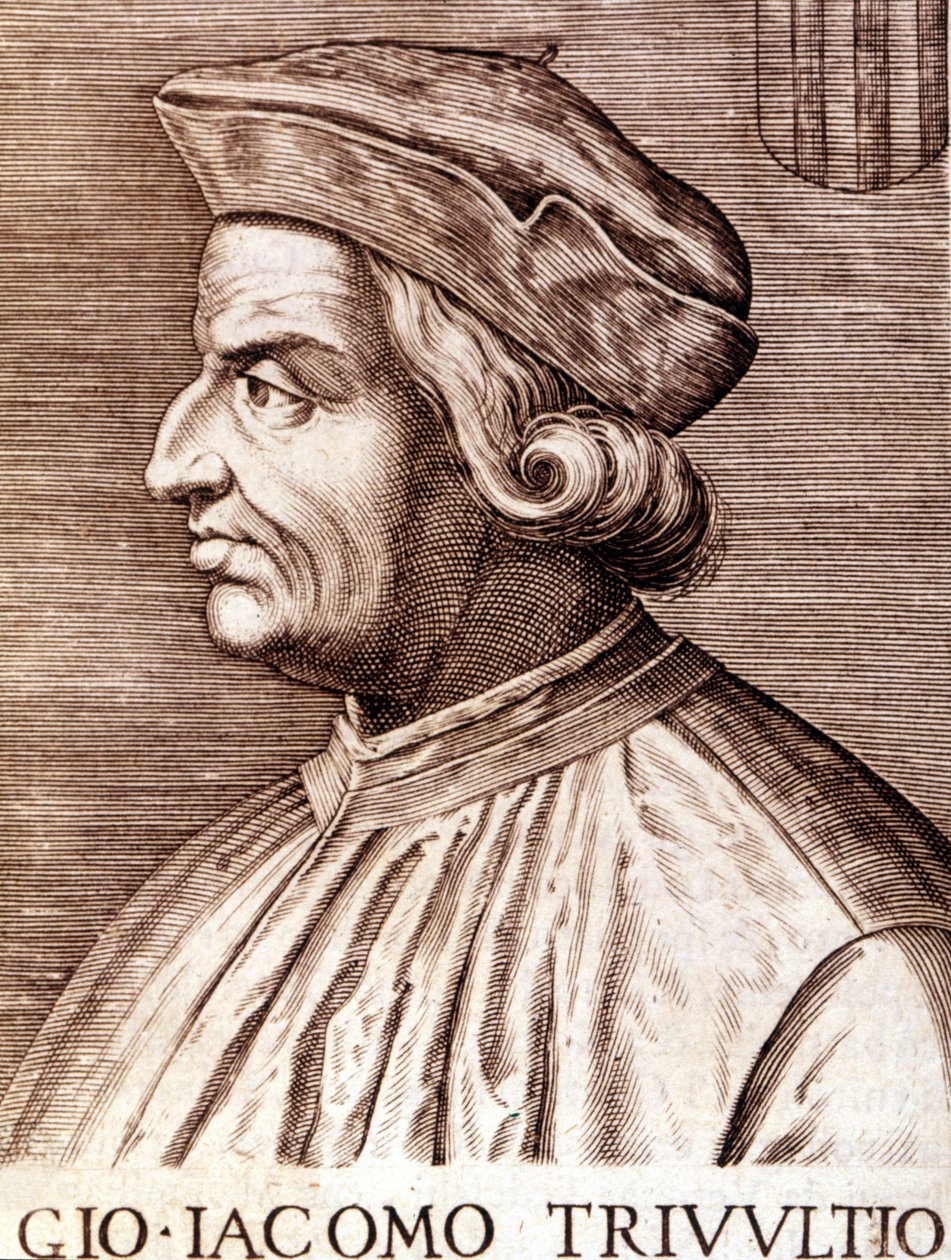 फ्रेंच Trivulce में Giangiacomo Trivulzio (मार्शल Trivulce) Marquis de Vigevano का पोर्ट्रेट। फ्रांस के मार्शल (1448 से 1518)। 17वीं शताब्दी की नक्काशी द्वारा अज्ञात कलाकार