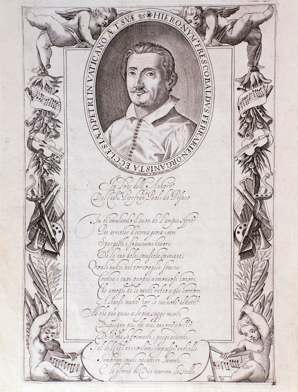Girolamo Frescobaldi (1583-1643) का पोर्ट्रेट इतालवी संगीतकार "" टोक्रेट "" स्कोर के अग्रभाग से उत्कीर्णन। 1637. बोलोग्ना, सिविक संग्रहालय संग्रहालय द्वारा अज्ञात कलाकार