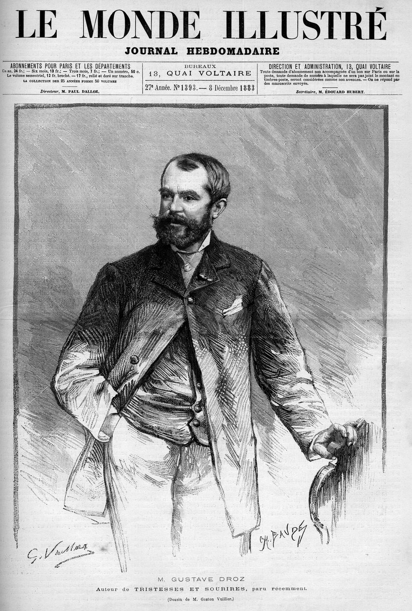 गुस्ताव ड्रोज़ का पोर्ट्रेट (1832-1895), फ्रांसीसी चित्रकार और उपन्यासकार। "" ले मोंडे इलस्ट्रे "" में उत्कीर्णन द्वारा अज्ञात कलाकार