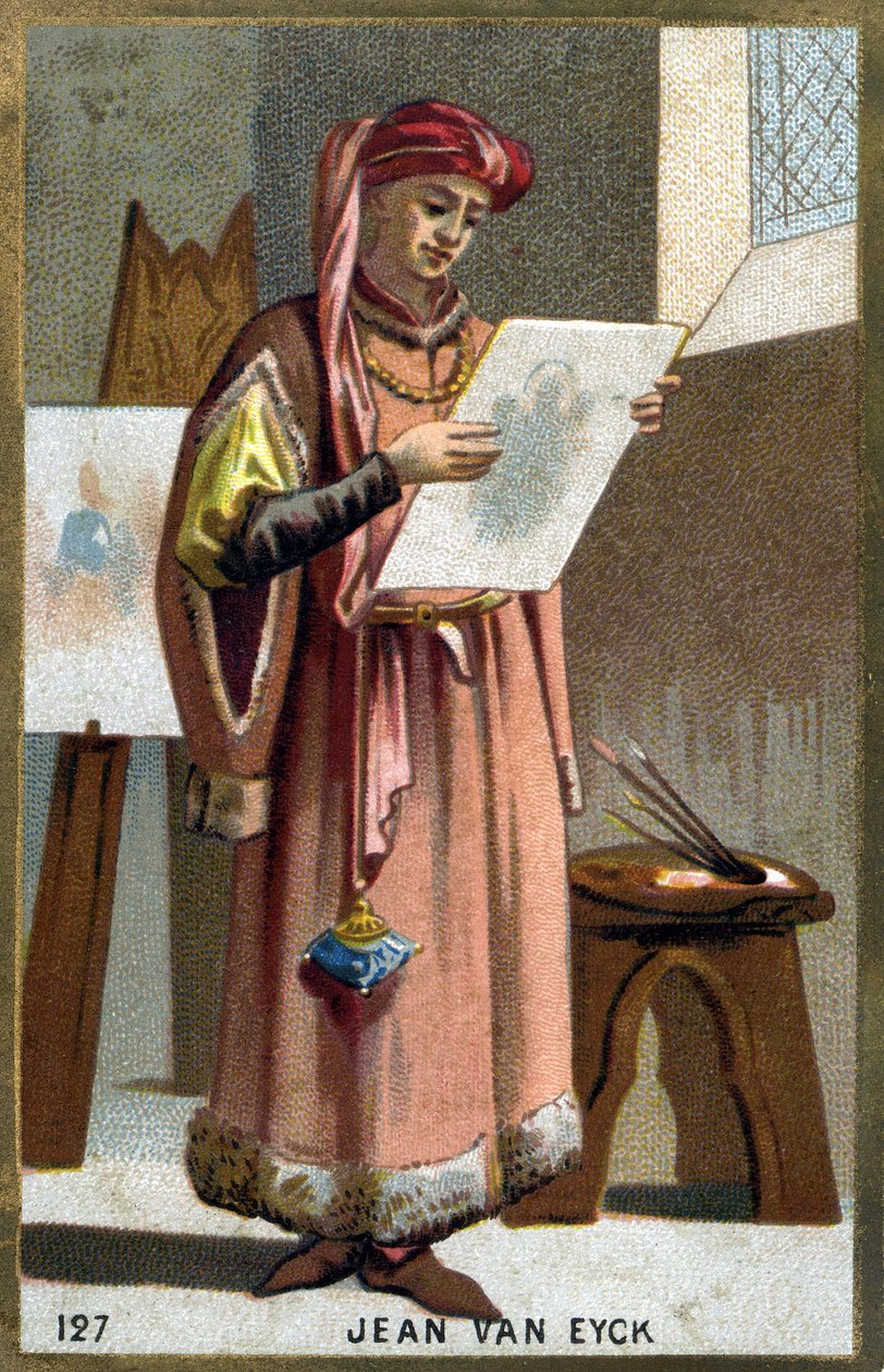 जन वैन आइक का पोर्ट्रेट (1390 -1441) फ्लेमिश चित्रकार - एक लिरिपिपियन की हेडड्रेस। 19 वीं शताब्दी की क्रोमोलिथोग्राफी। द्वारा अज्ञात कलाकार