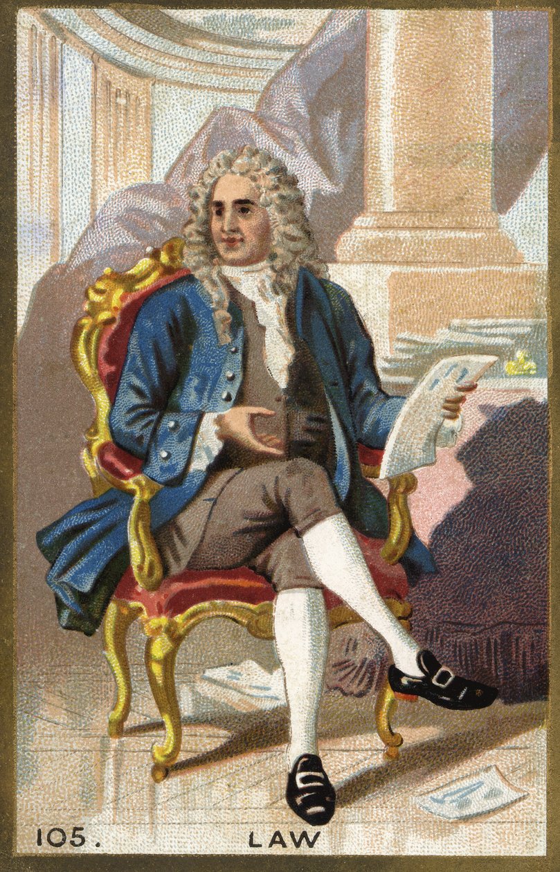 जॉन लॉ का पोर्ट्रेट (1671 - 1729), स्कॉटिश फाइनेंसर। 19वीं सदी की क्रोमोलिथोग्राफी। द्वारा अज्ञात कलाकार