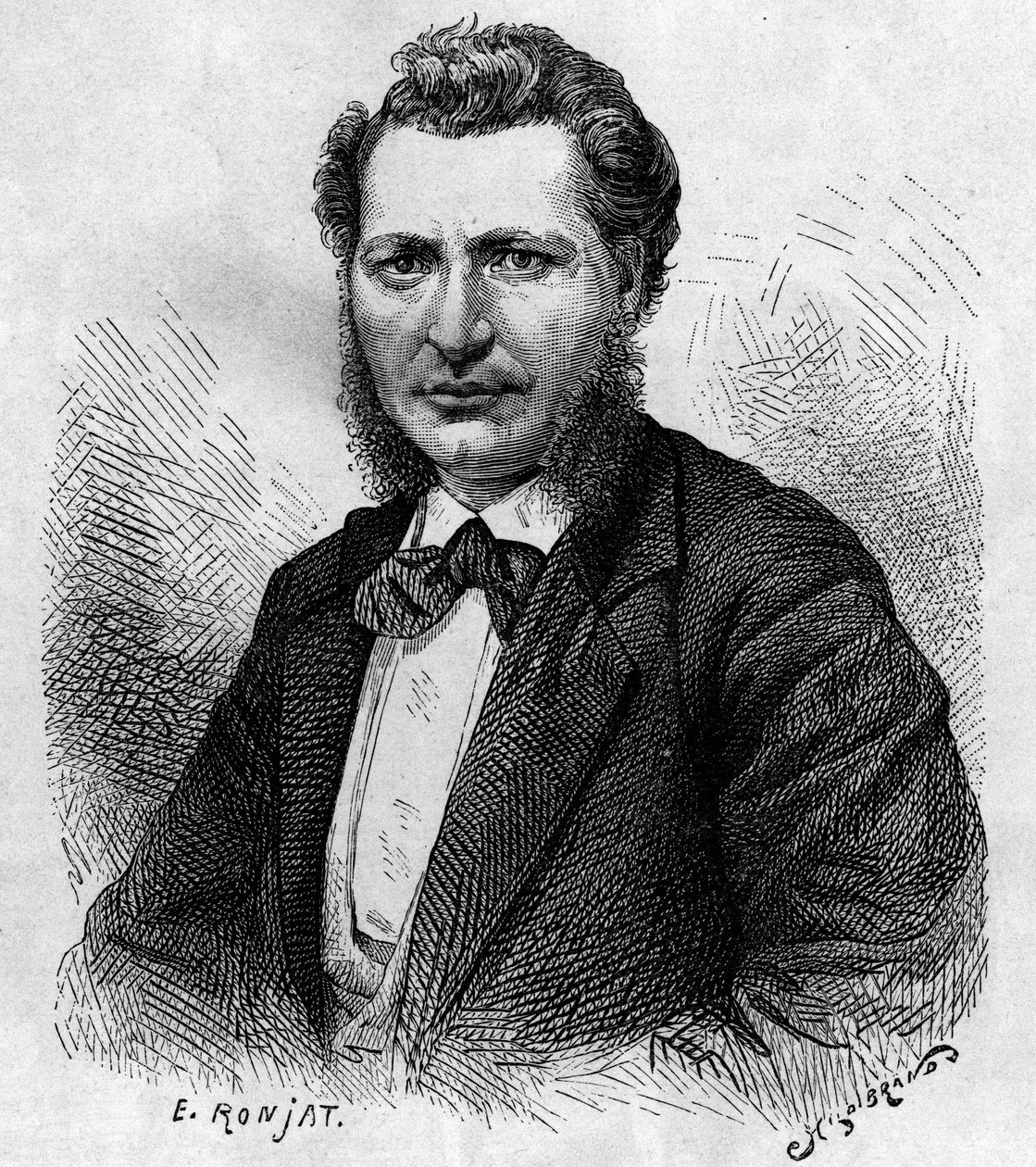 लुई रील का पोर्ट्रेट (1844-1885), कनाडाई राजनेता और मेटिस लोगों के रक्षक। "ले जर्नल डे ला जेनेसे" में उत्कीर्णन द्वारा अज्ञात कलाकार