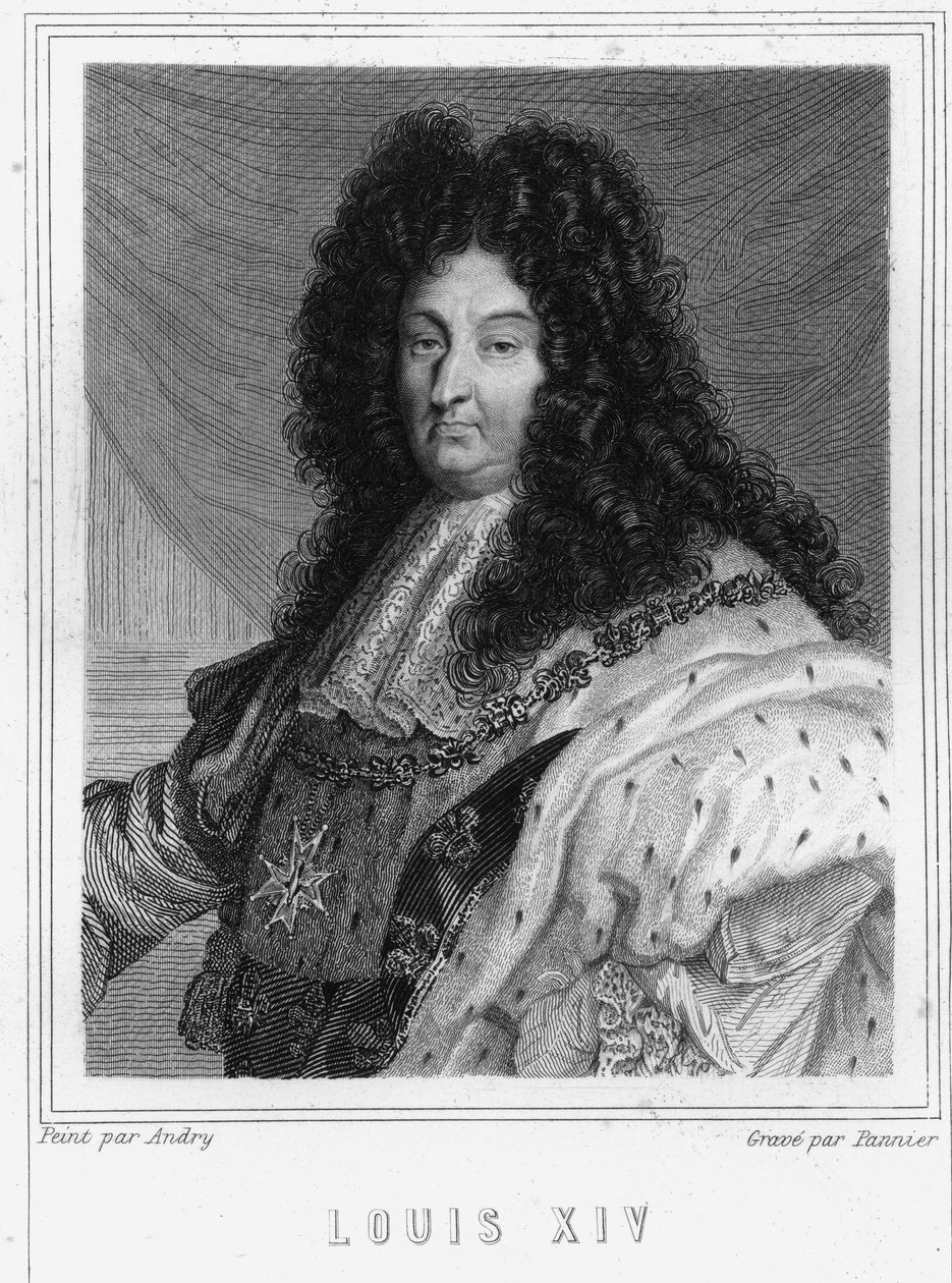 लुई XIV (1638 - 1715) का पोर्ट्रेट, फ्रांस के राजा - "हिस्टोइरे डेस फ़्रैंकैस" में लवली द्वारा, उत्कीर्णन, एन डी द्वारा अज्ञात कलाकार