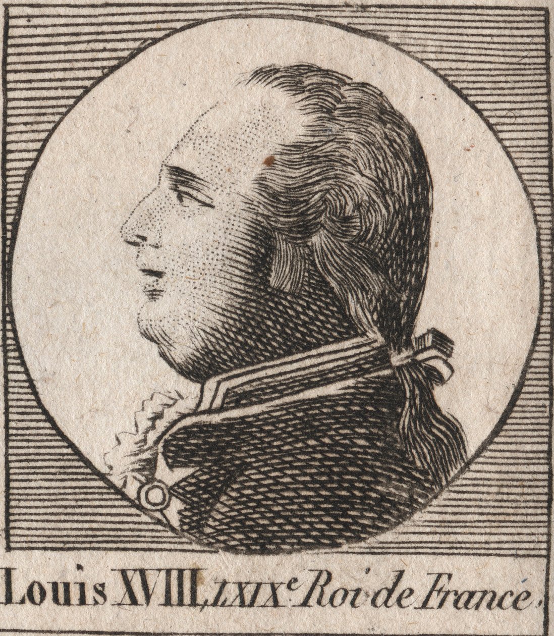 लुई XVIII (1755-1824) का पोर्ट्रेट, 1814 से 1815 तक और 1815 से 1824 तक डिज़ायर, फ्रांस के राजा और नवरे का उपनाम - लुई XVIII, जिसे वांछित, फ्रांस के राजा के रूप में जाना जाता है - "निर्देश सुर ल हिस्टोइरे डे" से उत्कीर्णन फ्रांस ”चार्ल्स कॉन्स्टें द्वारा अज्ञात कलाकार