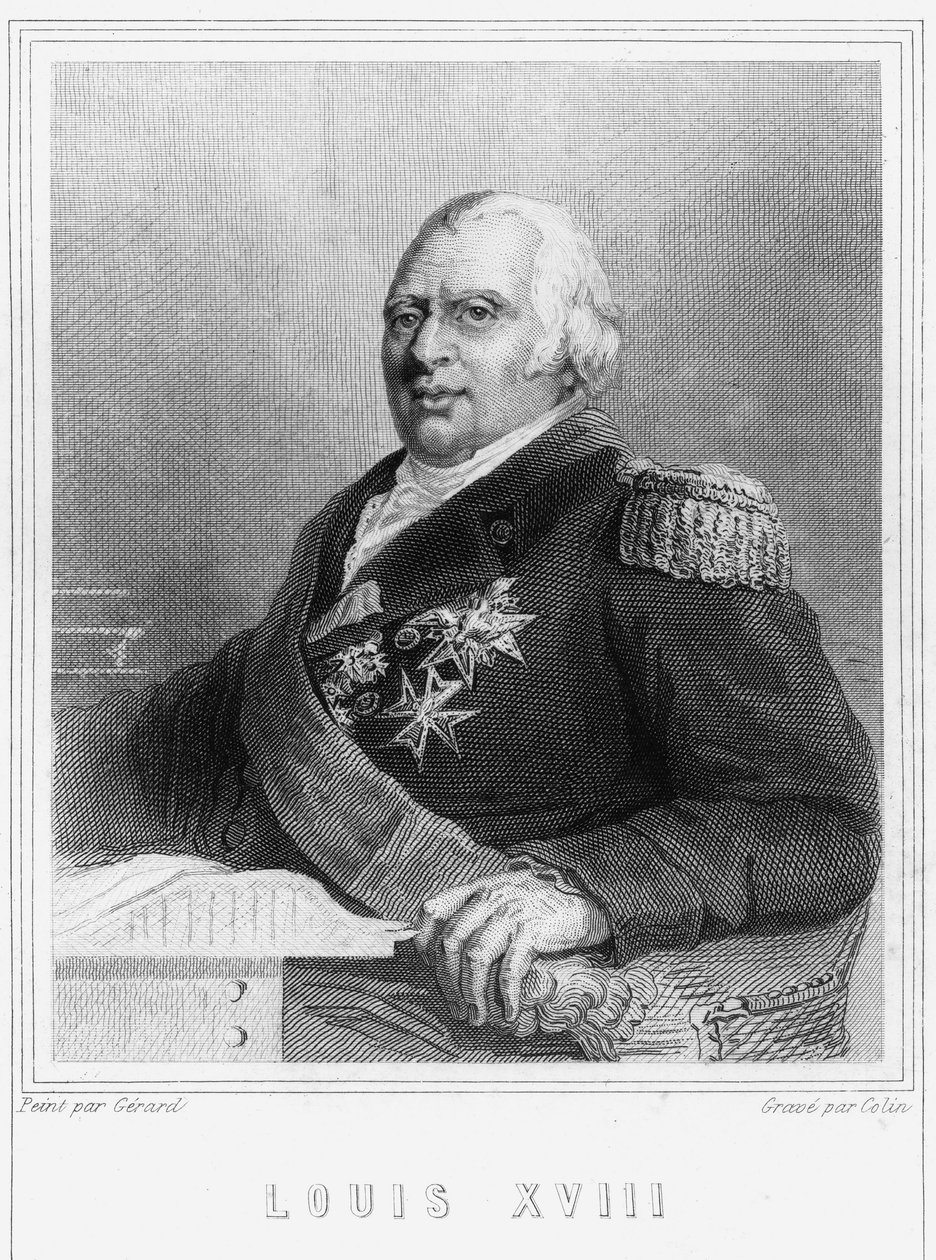 लुई XVIII (1755 - 1824) का चित्र, फ्रांस के राजा - "हिस्टोइरे डेस फ़्रैंकैस" में "लवल्ली द्वारा, उत्कीर्णन, एनडी। द्वारा अज्ञात कलाकार