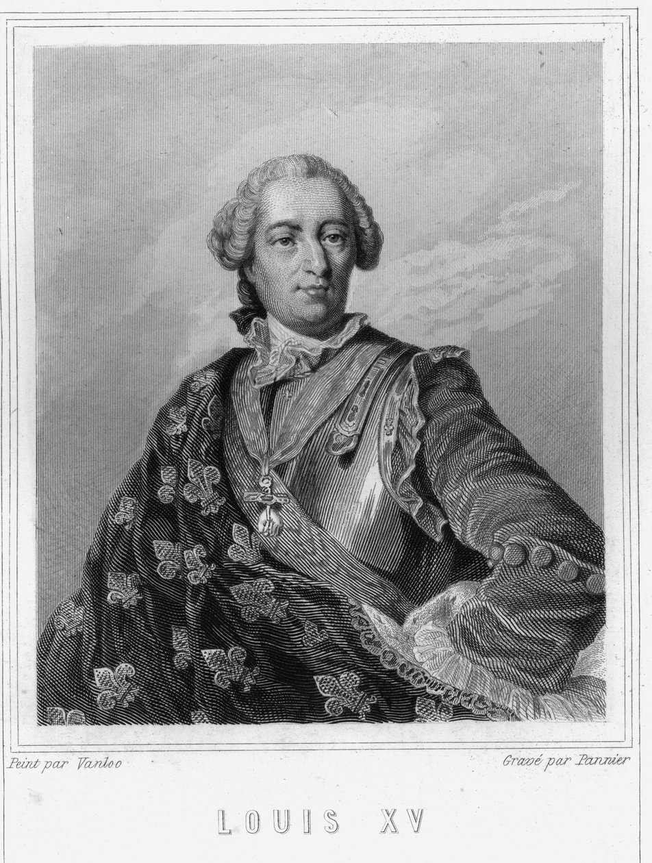 लुई XV का पोर्ट्रेट (1710 - 1774), फ्रांस के राजा - लवली द्वारा "हिस्टोइरे डेस फ़्रैंकैस" में, उत्कीर्णन, एन डी। द्वारा अज्ञात कलाकार