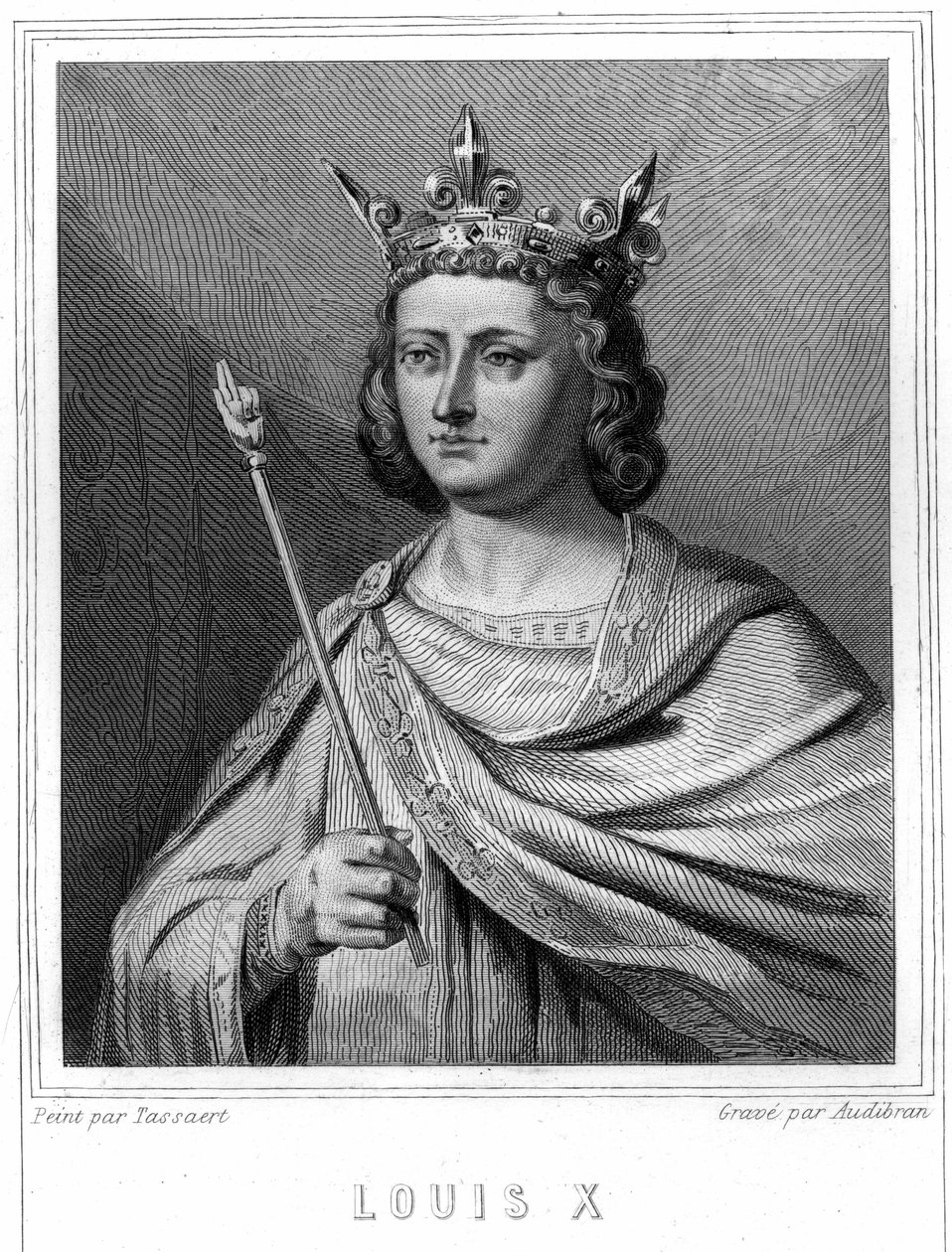 लुई एक्स ले हुतिन (1289 - 1316), फ्रांस के राजा का पोर्ट्रेट - लवली द्वारा "हिस्टोइरे डेस फ़्रैंकैस" में, उत्कीर्णन, एन डी। द्वारा अज्ञात कलाकार