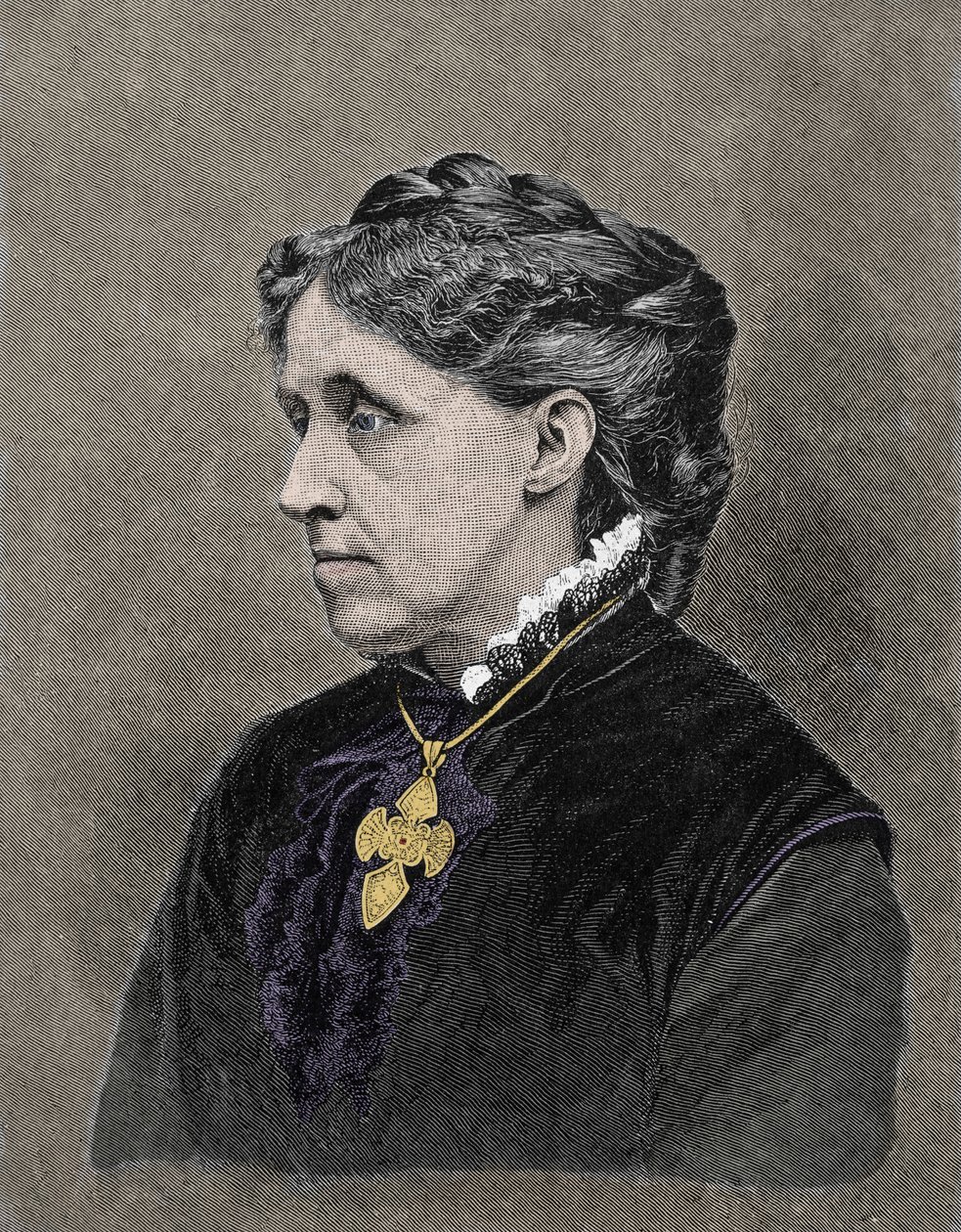 लुइसा मे अलकॉट का पोर्ट्रेट (1832-1888), अमेरिकी उपन्यासकार। 19 वीं सदी के रंग उत्कीर्णन। द्वारा अज्ञात कलाकार