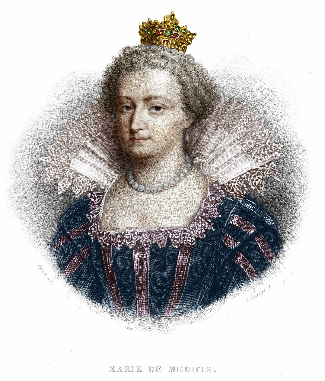 मैरी ऑफ मेडिसी (1573 - 1642) का पोर्ट्रेट, हेनरी चतुर्थ की पत्नी और लुई XIII की मां। १८३६ से उत्कीर्णन द्वारा अज्ञात कलाकार