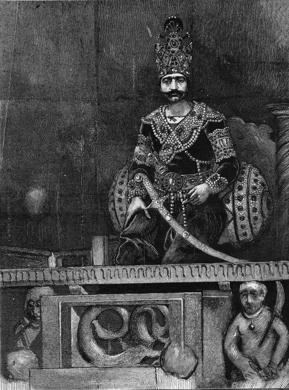 नासिर अल-दीन (नासिर अल दीन) (1831-1896) का पोर्ट्रेट फारस के शाह अपने सिंहासन पर। द्वारा अज्ञात कलाकार