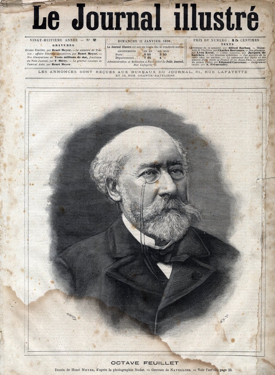 ऑक्टेव फ्यूइलेट का पोर्ट्रेट (1821-1890), फ्रांसीसी उपन्यासकार, नाटककार और शिक्षाविद - 1891 के "ले जर्नल इलस्ट्रियस" में उत्कीर्णन द्वारा अज्ञात कलाकार