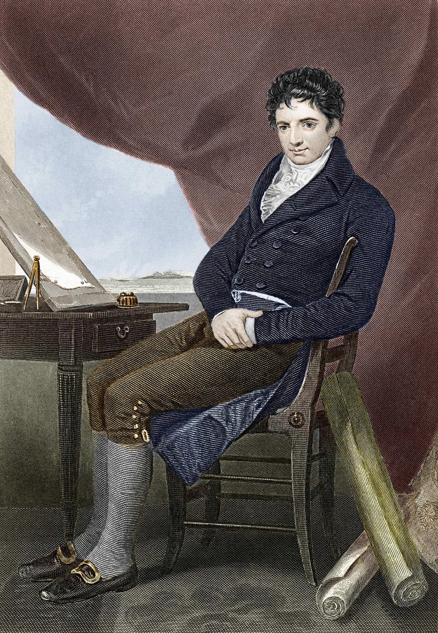 रॉबर्ट फुल्टन (1765 - 1815), अमेरिकी जहाज निर्माण मैकेनिक (नॉटिलस) का पोर्ट्रेट। 19वीं सदी की नक्काशी। द्वारा अज्ञात कलाकार