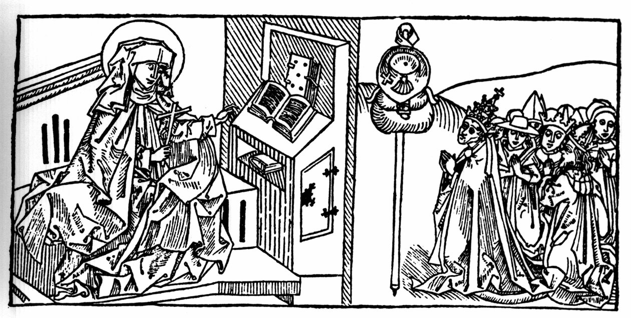 स्वीडन के सेंट ब्रिगिट का पोर्ट्रेट (1103-1373)। वोरागिन (1228-1298) के जैकोबस (जेम्स) द्वारा "लेबेन डेर हेइलिगेन - सोम्सस्टील" (संत की पुस्तक) से उत्कीर्णन। दुबेक 1488. द्वारा अज्ञात कलाकार