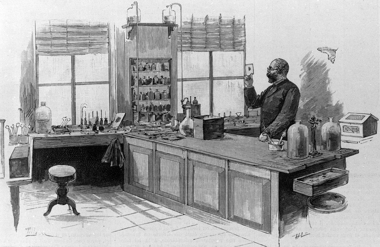 अपनी प्रयोगशाला में जर्मन डॉक्टर रॉबर्ट कोच (1843-1910) का पोर्ट्रेट। द्वारा अज्ञात कलाकार