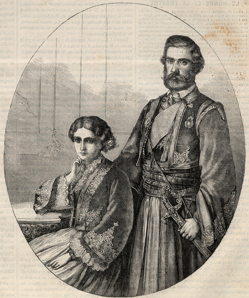 सर्बिया के राजकुमार माइकल III (1823-1868) और राजकुमारी जूली (1831-1919) का पोर्ट्रेट। "" ल 'विश्वविद्यालय शानदार" में उत्कीर्णन द्वारा अज्ञात कलाकार