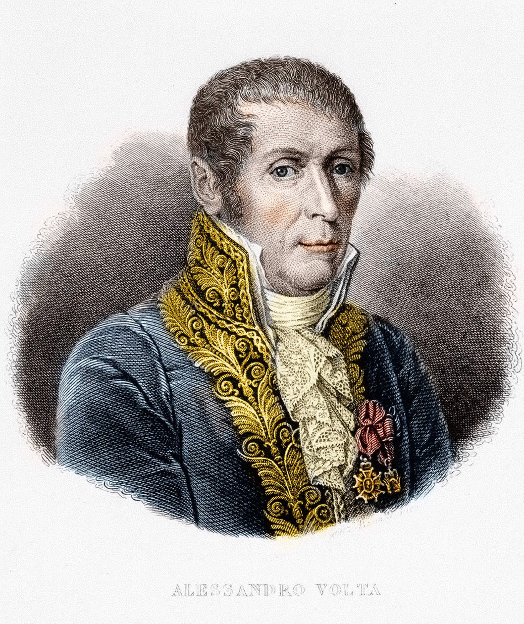 पोर्ट्रेट डी एलेसेंड्रो (अलेक्जेंड्रे) वोल्टा (1745 - 1827)। इतालवी भौतिक विज्ञानी, इलेक्ट्रिक बैटरी के आविष्कारक। 19वीं सदी की नक्काशी द्वारा अज्ञात कलाकार