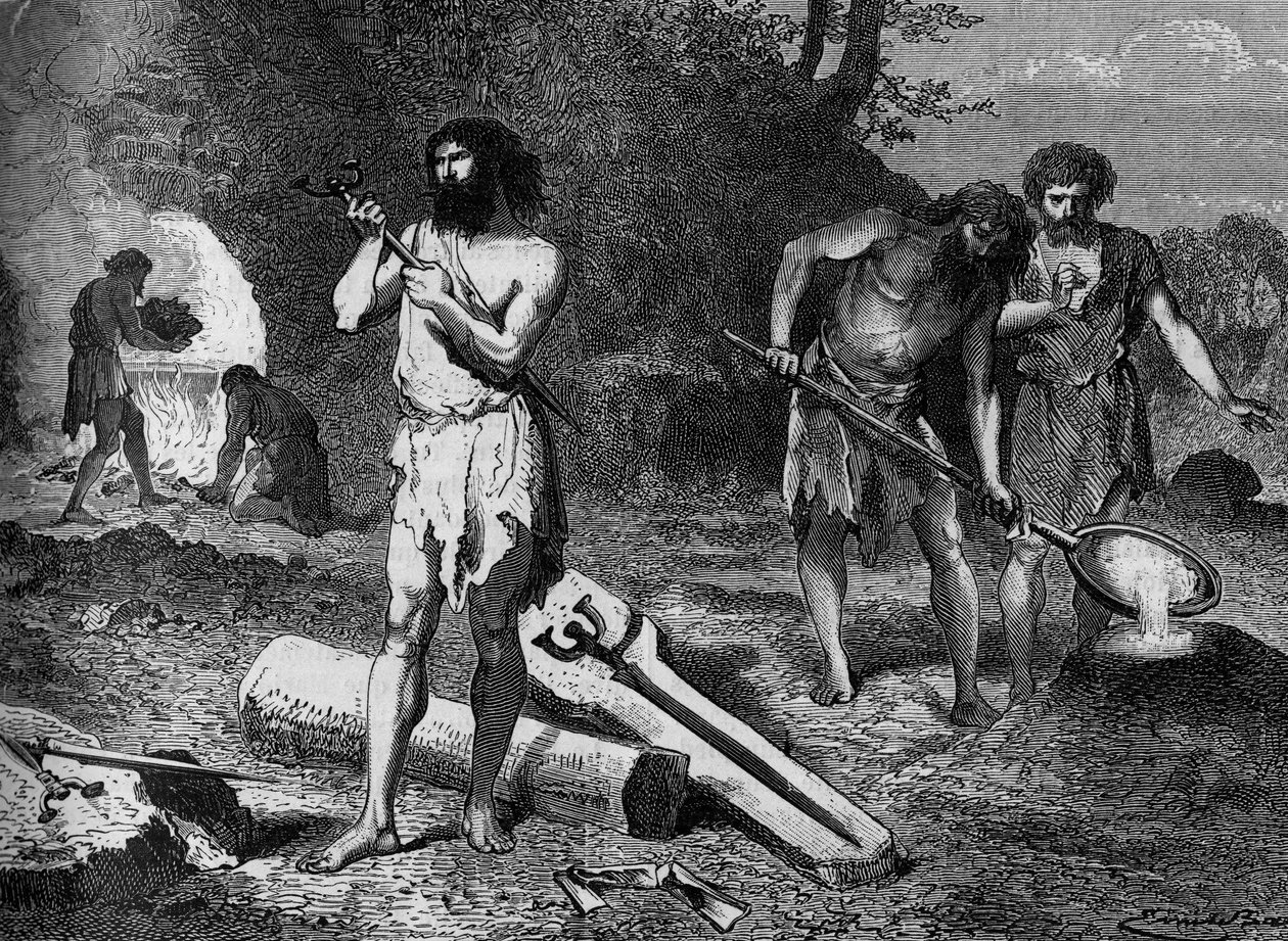 प्रागितिहास - कांस्य युग के पहले धातुकर्मी: कांस्य बनाना। "" ले जर्नल डे ला जेनेसे "" में उत्कीर्णन द्वारा अज्ञात कलाकार