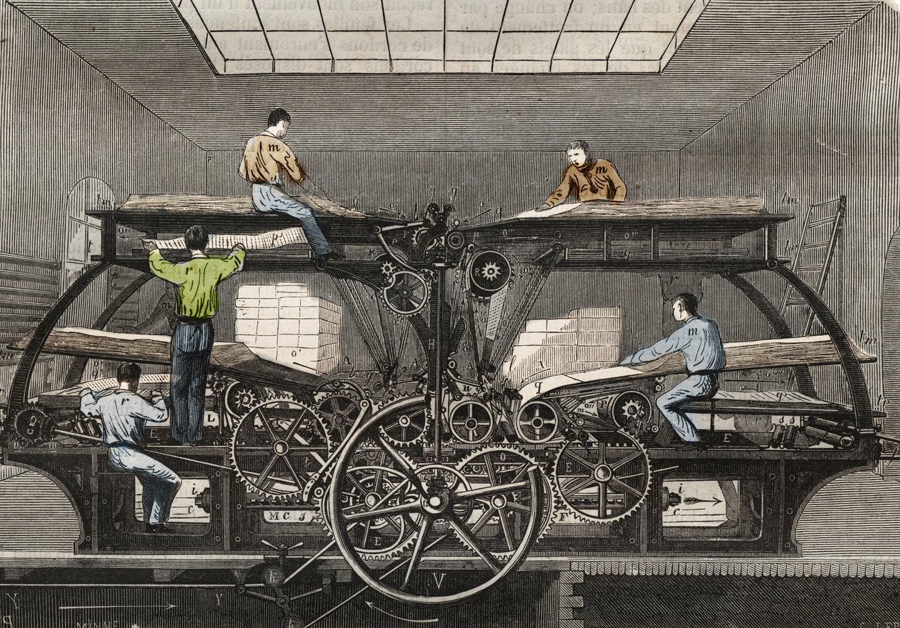 प्रिंटिंग प्रेस: पेरिस में अखबार "" ले सीकल "" का प्रिंटिंग प्रेस। 1857 से "ले मुसी डेस साइंसेज" में उत्कीर्णन द्वारा अज्ञात कलाकार