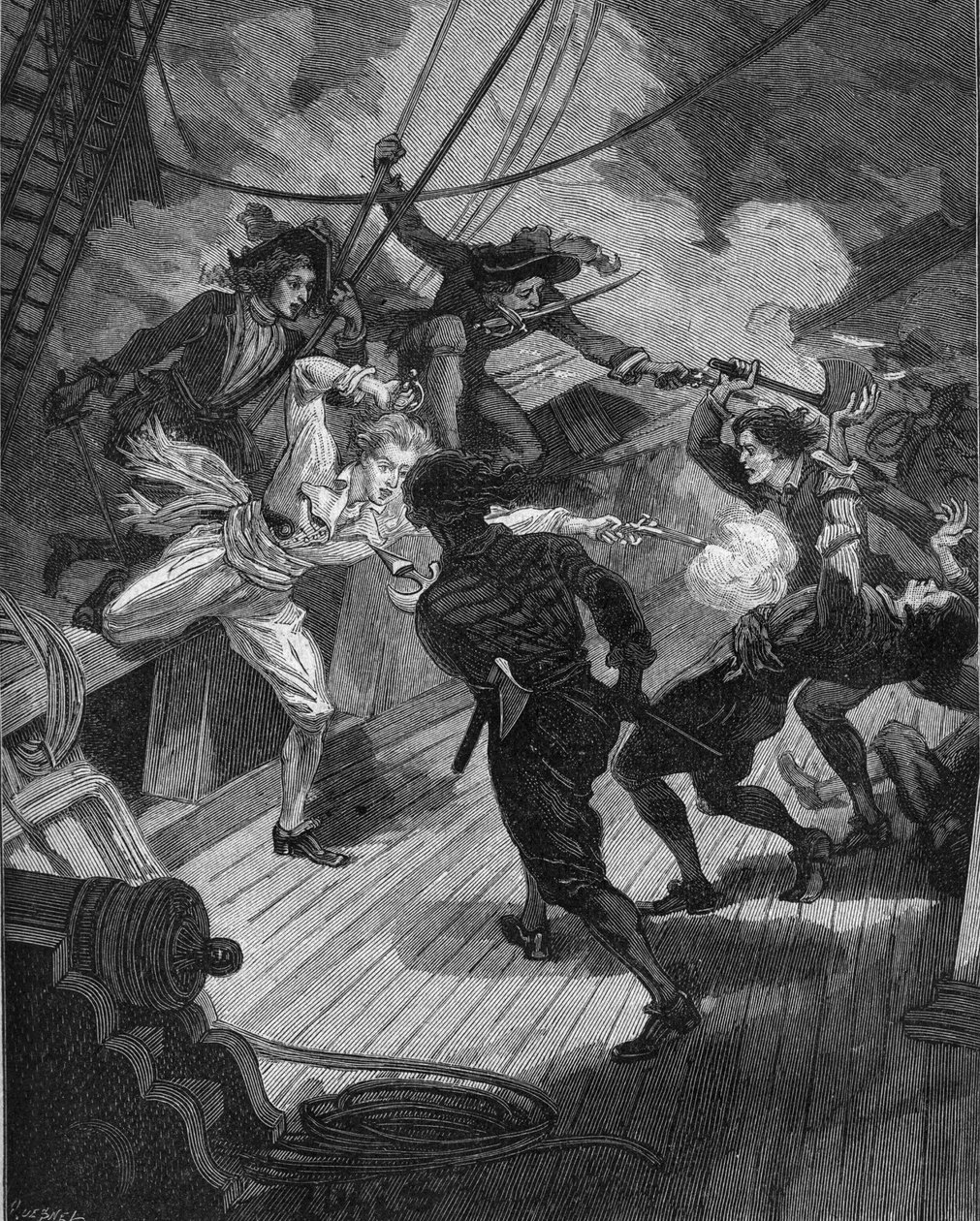 प्राइवेटर जीन बार्ट (1650-1702) एक जहाज के पास आ रहा है। 19वीं सदी की नक्काशी। जूल्स मिशेले द्वारा "हिस्टॉयर डी फ्रांस" में द्वारा अज्ञात कलाकार