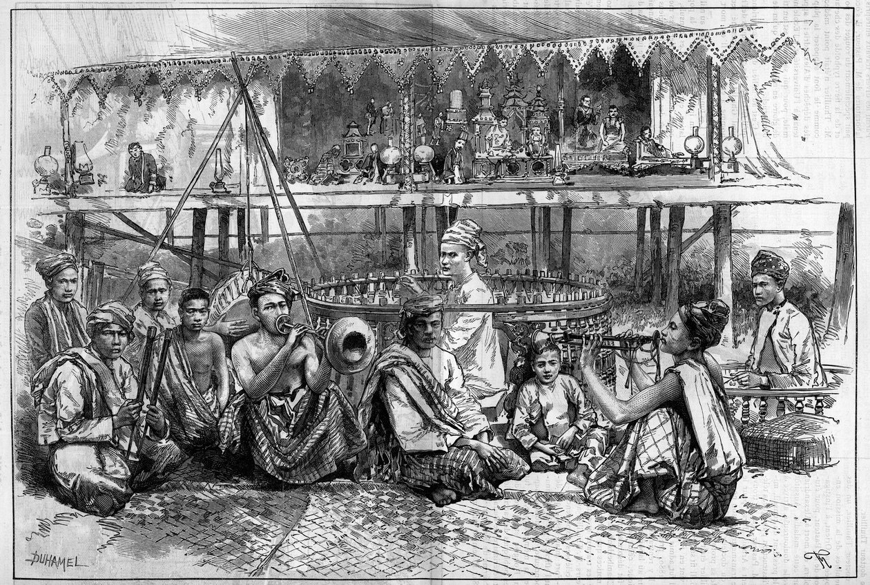 बर्मा में संगीतकारों के साथ कठपुतली थियेटर "द इलस्ट्रस वर्ल्ड" में उत्कीर्णन द्वारा अज्ञात कलाकार