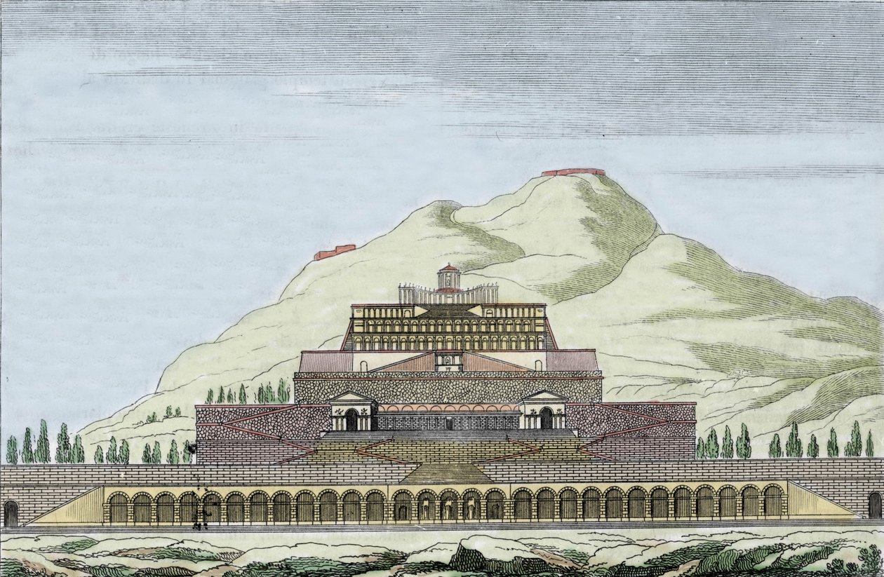 फिलिस्तीन, इटली में फोर्टुना (मौका के रोमन देवता) के मंदिर का पुनर्निर्माण। 19वीं सदी की नक्काशी द्वारा अज्ञात कलाकार