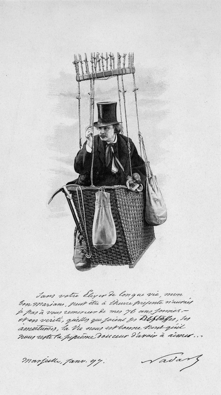 एक गुब्बारे के नैकेल पर फेलिक्स टूर्नाचोन डिट नादर (1820-1910) का प्रतिनिधित्व। १८९७ द्वारा अज्ञात कलाकार