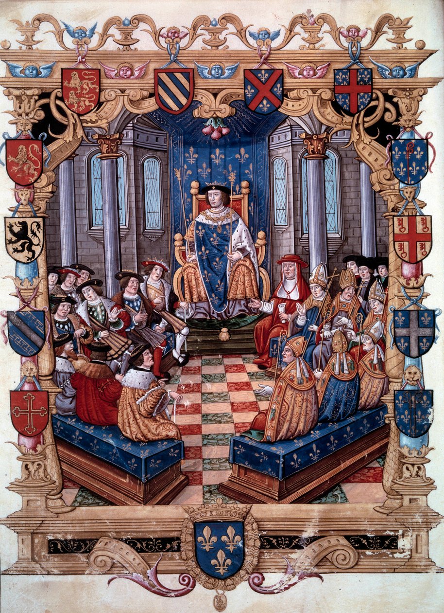 राजा फ्रेंकोइस I (1494-1547) का प्रतिनिधित्व उनके बारह साथियों को घेरता है। लघुकथा से। 16 वीं शताब्दी। चान्तिली, कोंडे संग्रहालय द्वारा अज्ञात कलाकार