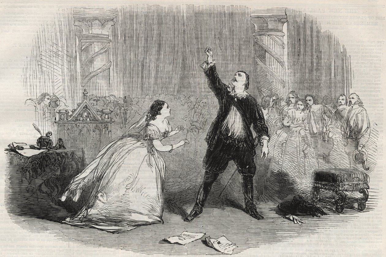 1857 में लंदन में "हर मेजेस्टीज़ थिएटर" में गेटानो डोनिज़ेट्टी द्वारा "लुसी डी लैमरमूर" (लूसिया डि लैमरमूर) का प्रतिनिधित्व। लूसिया (मारिया पिकोलोरिनी) और एडगार्डो (एंटोनियो गिउग्लिनी)। द्वारा अज्ञात कलाकार