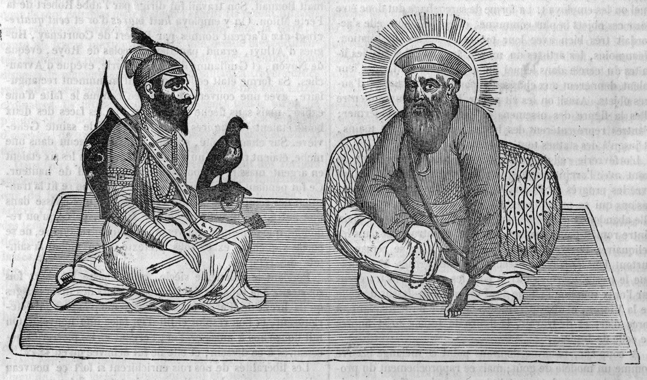सिख धर्म (या सिख धर्म) के संस्थापकों का प्रतिनिधित्व: गुरु नानक (1469-1539) और गुरु गोबिंद सिंह (1666-1708)। "" ले पत्रिका सुरम्य"" 1836 . में द्वारा अज्ञात कलाकार