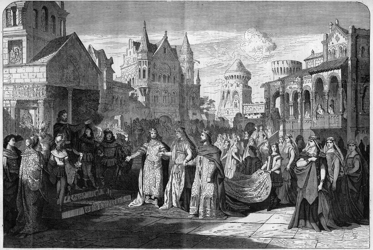 जर्मनी के म्यूनिख में रॉयल थिएटर में रिचर्ड वैगनर (1813-1883) द्वारा रोमांटिक ओपेरा "" लोहेनग्रिन "" का प्रतिनिधित्व, दूसरा अंतिम दृश्य। "द इलस्ट्रस यूनिवर्स" में उत्कीर्णन द्वारा अज्ञात कलाकार