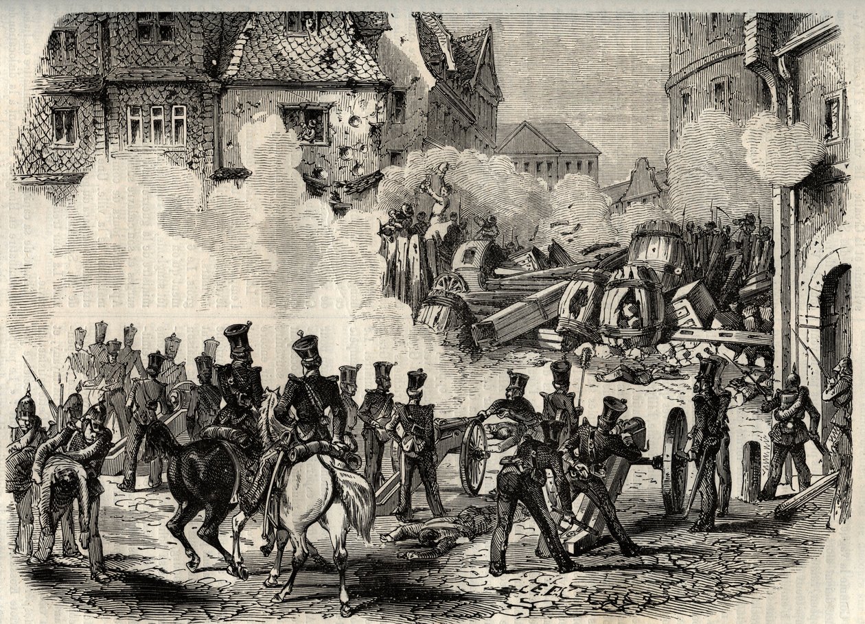 क्रांति 1848 - 1849, जर्मनी, फ्रैंकफर्ट - 18 सितंबर को फ्रैंकफर्ट, जर्मनी में सैनिकों ने एक बैरिकेड पर धावा बोल दिया द्वारा अज्ञात कलाकार