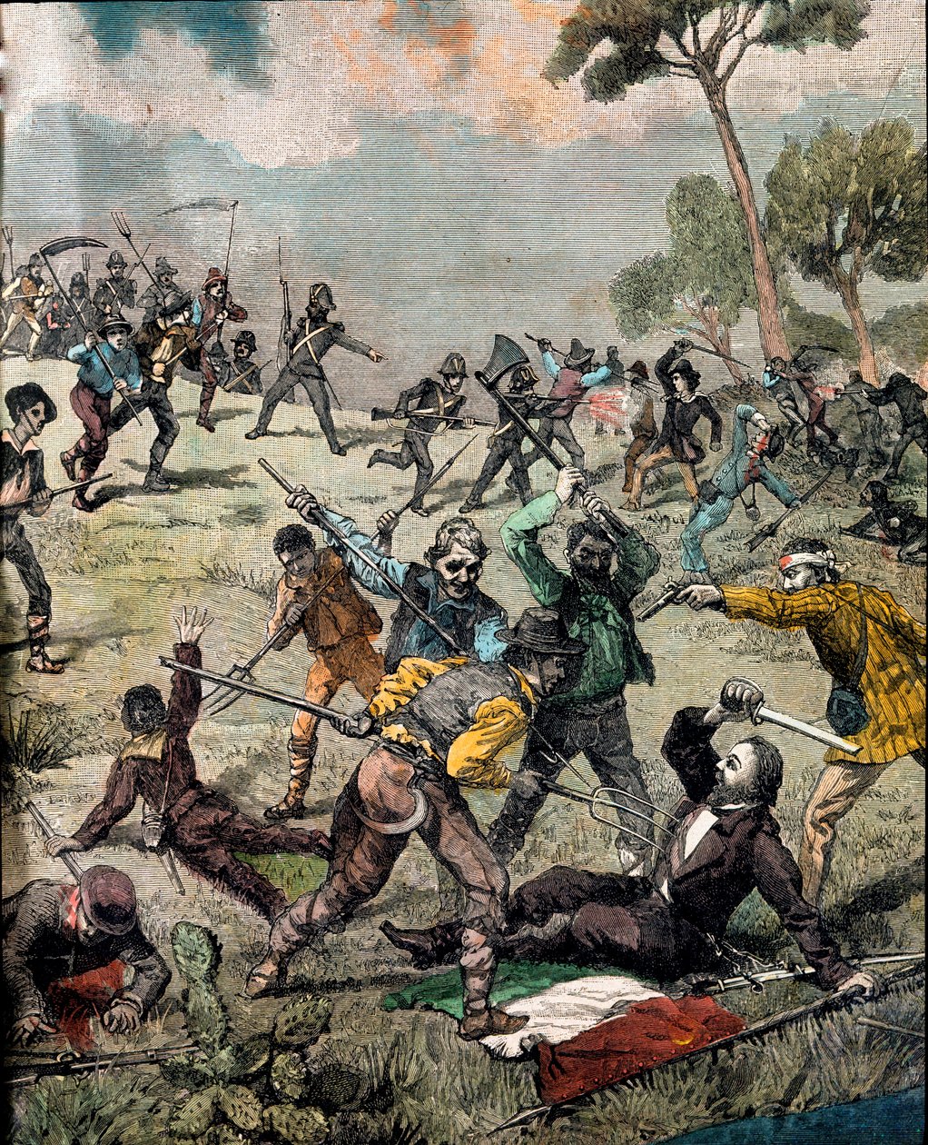 रिसोर्गिमेंटो: "" इटालियन क्रांतिकारी कार्लो पिसाकेन (1818-1857) पर 28/06/1857 को सपरी में किसानों द्वारा हमला किया गया"" निजी संग्रह को उकेरना द्वारा अज्ञात कलाकार