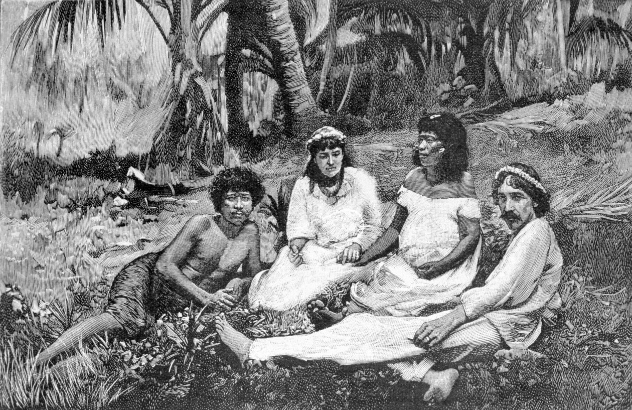 रॉबर्ट लुई स्टीवेन्सन (1850 - 1894) अपनी पत्नी के साथ समोआ में जहां उनका निवास वैलीमा में प्रकाशित हुआ था। 1890-1895 के आसपास उत्कीर्णन। द्वारा अज्ञात कलाकार