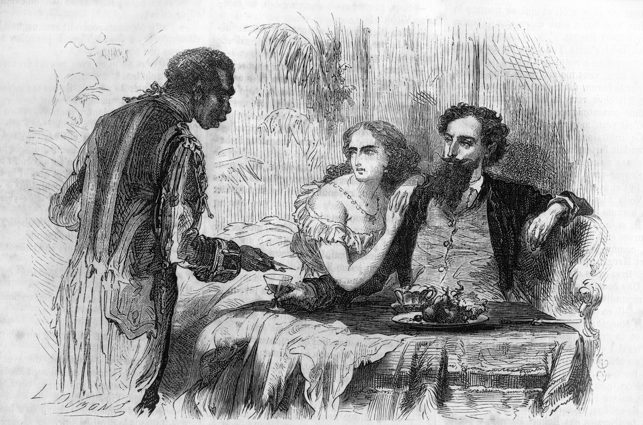 पॉल बोकेज (1824-1887) द्वारा रोमन धारावाहिक: "द प्यूरिटन्स ऑफ पेरिस"। "निग्रे ने रॉबर्ट को बिजनेस कार्ड लाया।" "" लेस बोन्स रोमांस "" में उत्कीर्णन द्वारा अज्ञात कलाकार