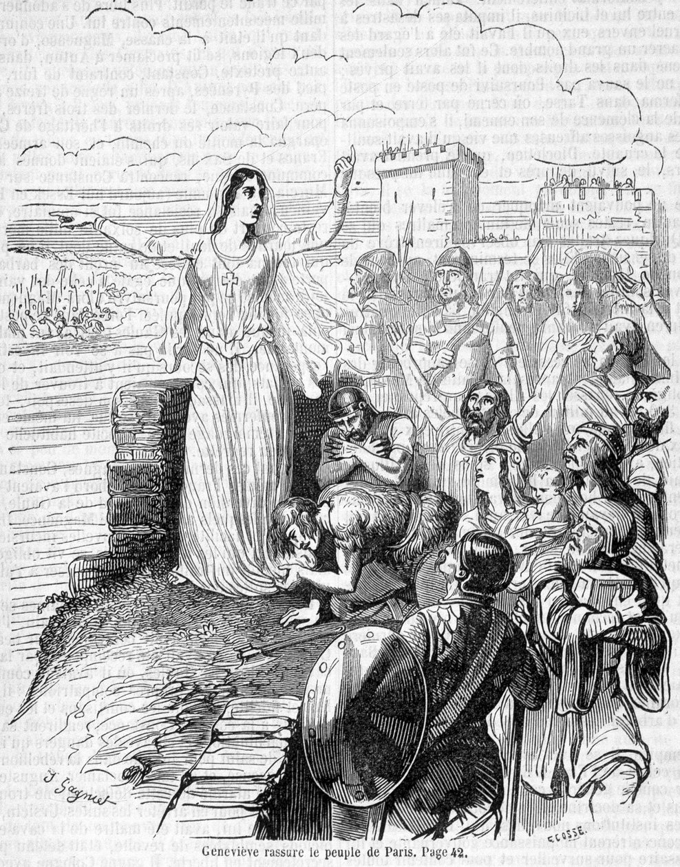 सैंट जेनेविएव, एटिला की भीड़ के खिलाफ पेरिस की रक्षा का आयोजन करता है और पेरिस के लोगों को आश्वस्त करता है - "हिस्टोइरे डी फ्रांस" में एंक्वेटिल द्वारा द्वारा अज्ञात कलाकार