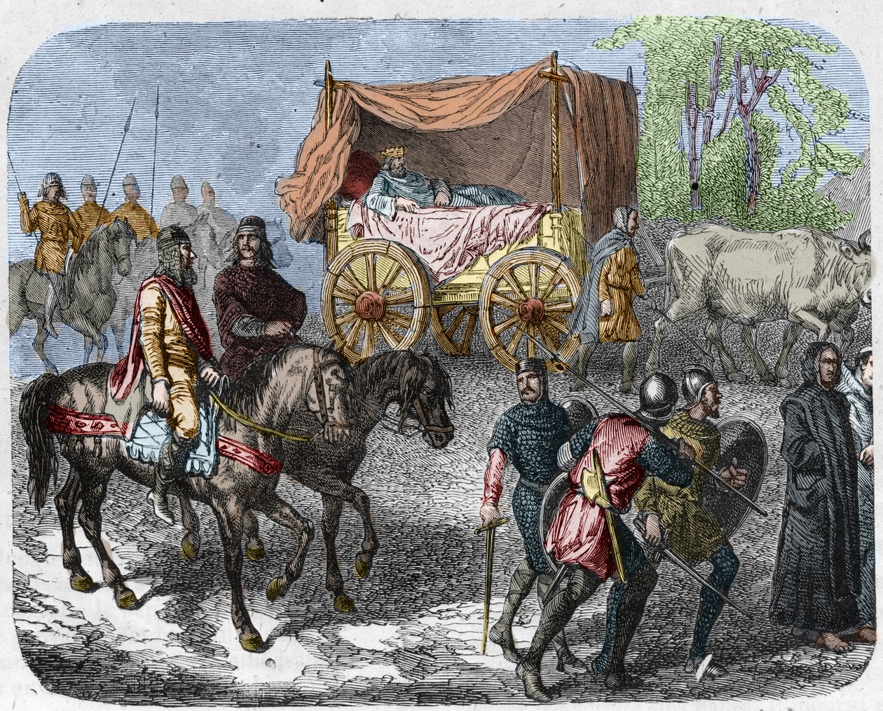 आलसी राजाओं का चित्रण करने वाला दृश्य: फ्रांस के राजा थियरी III (673-691) बैलों द्वारा खींचे गए बिस्तर के साथ एक टैंक में ले जाते हैं। द्वारा अज्ञात कलाकार