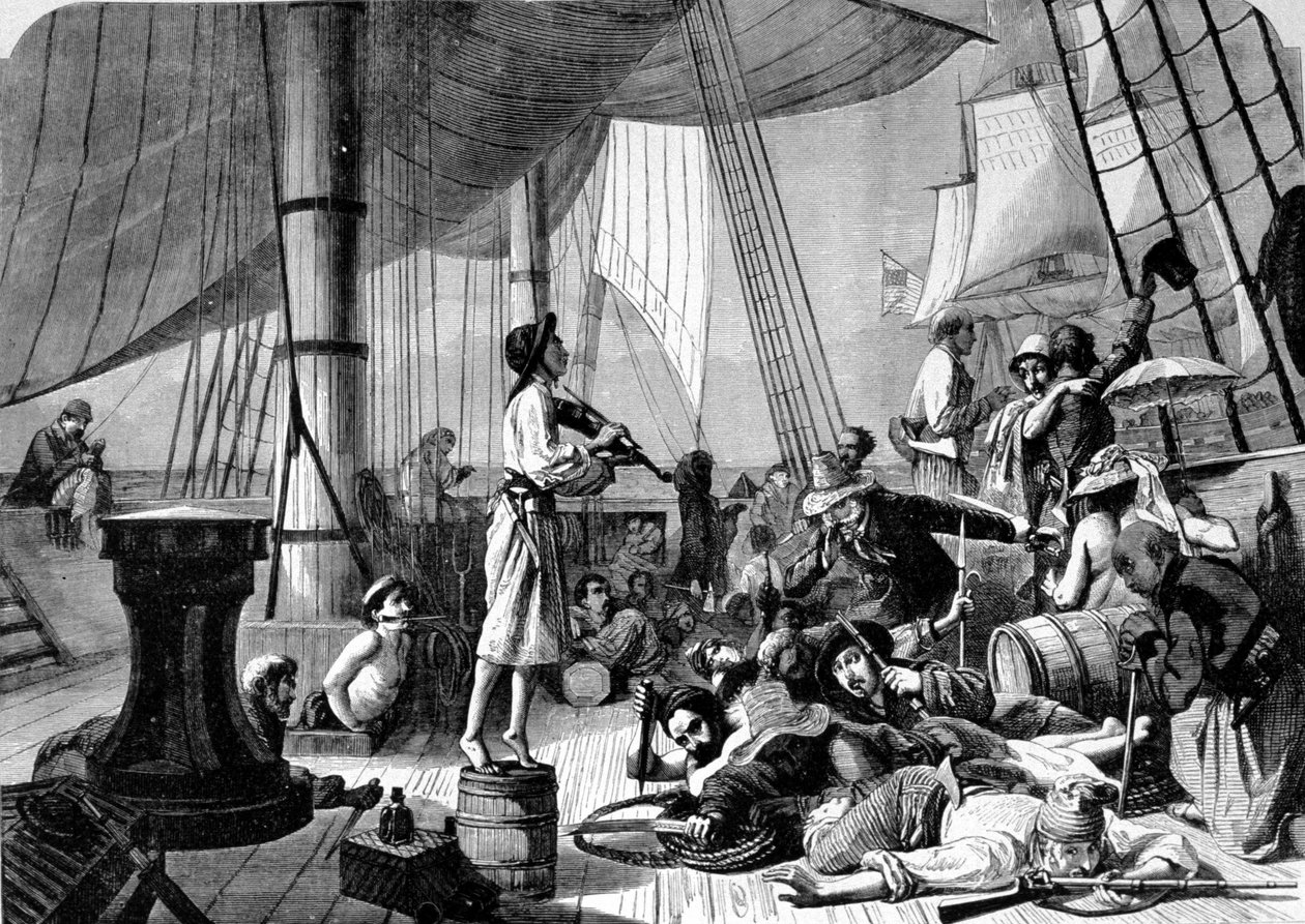 एक समुद्री डाकू जहाज के डेक पर दृश्य। 19वीं सदी की नक्काशी। द्वारा अज्ञात कलाकार