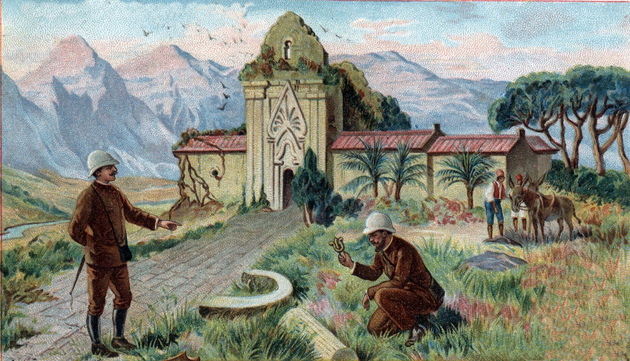 लापता राज्यों के दृश्य: कंबोडिया के क्वि-नोन प्रांत के पहाड़ों में मंदिर। 19 वीं शताब्दी की क्रोमोलिथोग्राफी। द्वारा अज्ञात कलाकार
