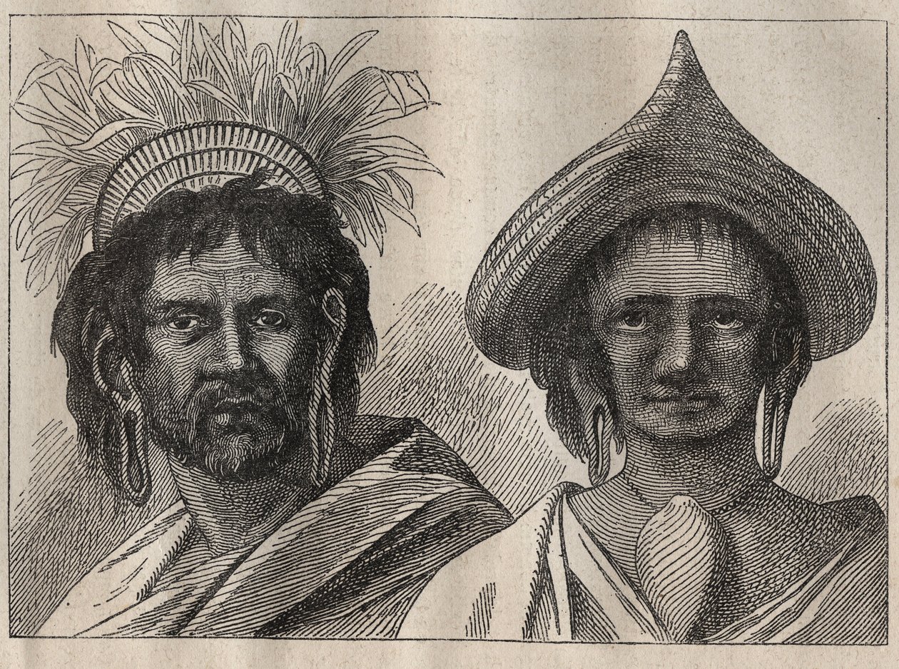 कैप्टन जेम्स कुक (1728-1779) द्वारा दूसरी यात्रा (1772-1775): ईस्टर द्वीप के पुरुष और महिला - "18 वीं शताब्दी के महान नाविक" से चित्रण। द्वारा अज्ञात कलाकार