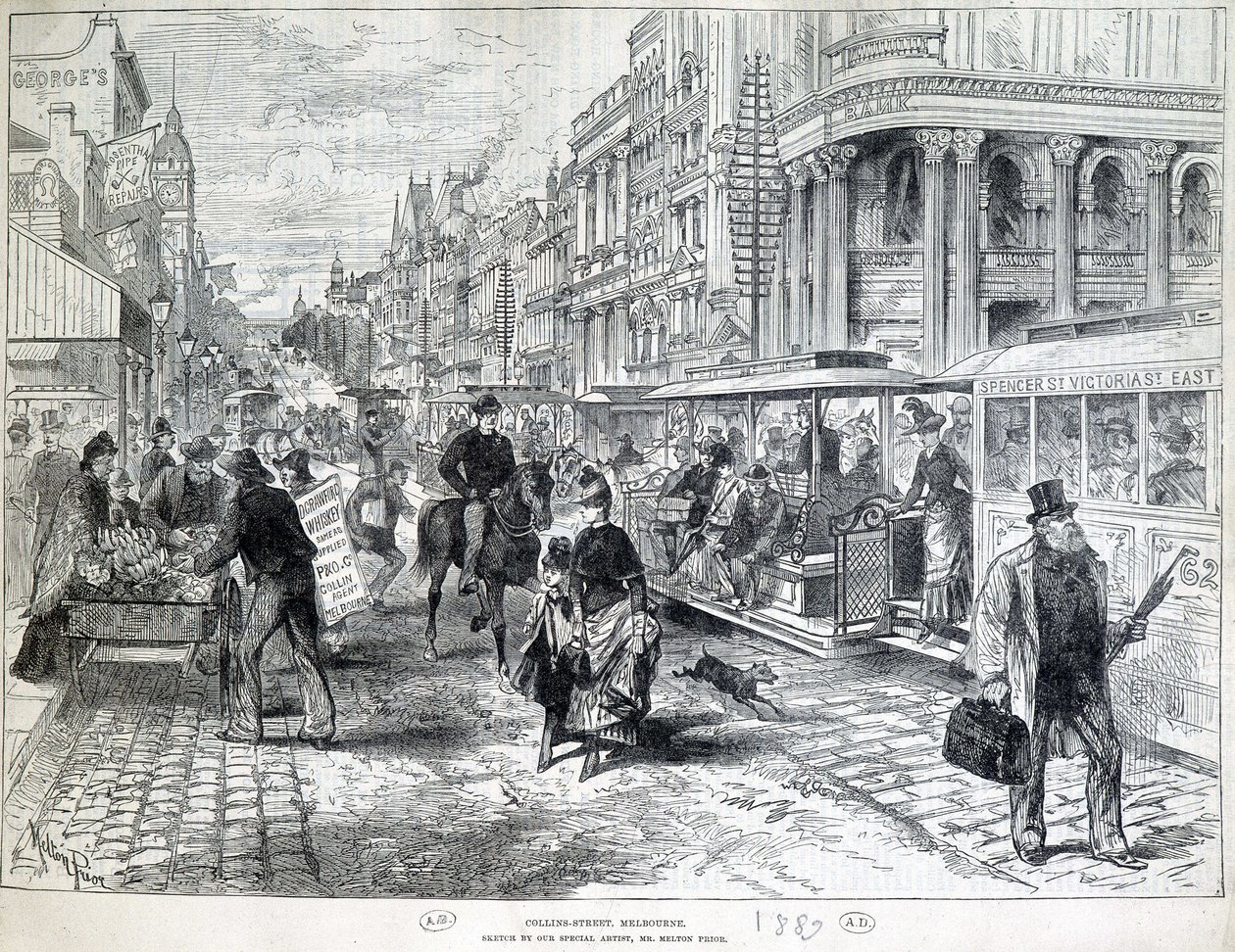 1889 में मेलबर्न में स्ट्रीट सीन, कॉलिन्स स्ट्रीट। द्वारा अज्ञात कलाकार