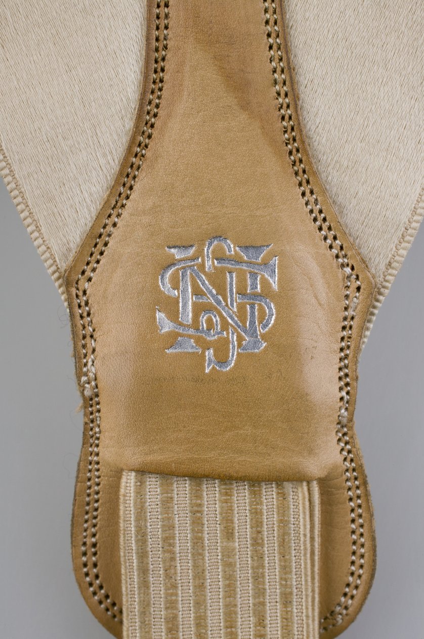 सस्पेंडर्स, c.1880 (विस्तार से देखें), कशीदाकारी सफेद साटन, चमड़ा, चांदी, निर्माता अज्ञात द्वारा अज्ञात कलाकार