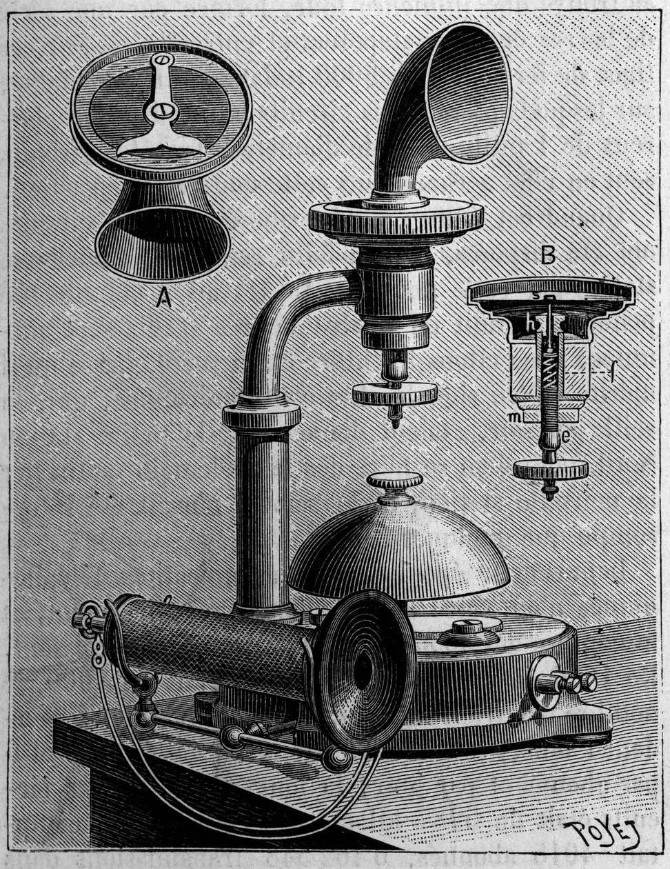 स्वीडन में टेलीफोनी: एरिक्सन कंपनी के एक टेलीफोन का मॉडल। 23 मार्च 1889 को "" प्रकृति: विज्ञान और कला और उद्योग के लिए उनके अनुप्रयोगों की समीक्षा "" में उत्कीर्णन। द्वारा अज्ञात कलाकार