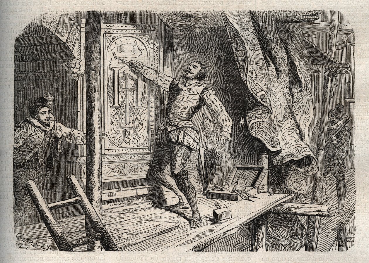 द डेथ ऑफ़ जीन गौजोन (1510-1562 या 1569), 1572 में सेंट बार्थेलेमी के दौरान एक किंवदंती के अनुसार मृत्यु हो गई - "" डिक्शननेयर पॉपुलर इलस्ट्रियस" में उत्कीर्णन - 1864 - जोसेफ डेसेम्ब्रे और एडमंड एलोनियर द्वारा - द्वारा अज्ञात कलाकार