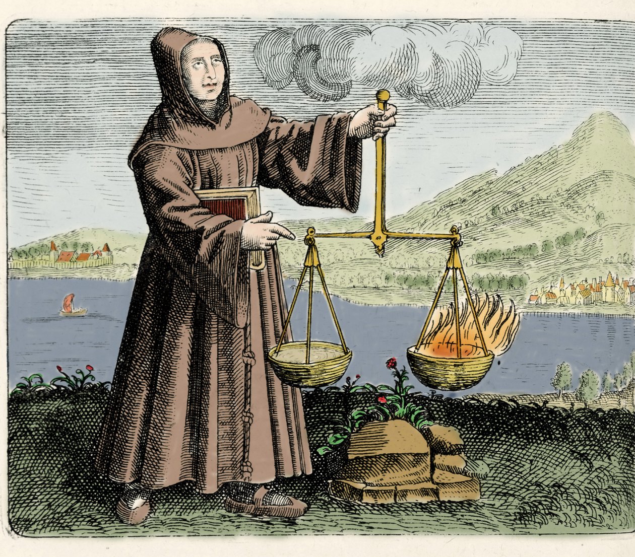 फ्रांसिस्कन भिक्षु, दार्शनिक और कीमियागर रोजर बेकन (बेकन) (डॉक्टर मिराबिलिस) (1214-1294) एक अनुभव बना रहे हैं। उत्कीर्णन "" स्वर्ण तालिका राष्ट्र के बारह प्रतीक, "" माइकल मेयर 1617 द्वारा अज्ञात कलाकार